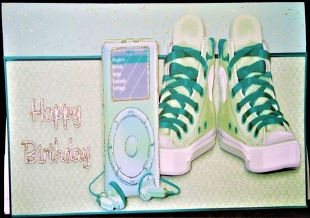 For the Kids Mp3 and Basketball Boots Over the Top Card by Margarette Blakeborough