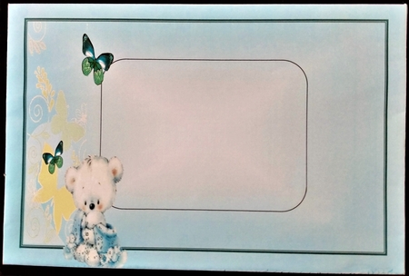Cute little teddy with a blue blanket and butterflies 8x8 by Margarette Blakeborough