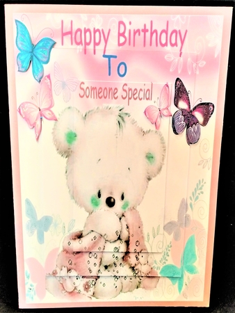 Cute little teddy with a pink blanket and butterflies 8x8 by Margarette Blakeborough