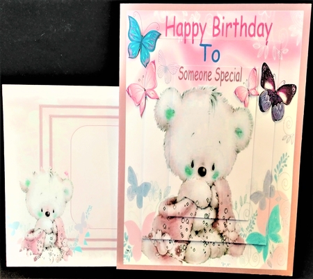Cute little teddy with a pink blanket and butterflies 8x8 by Margarette Blakeborough