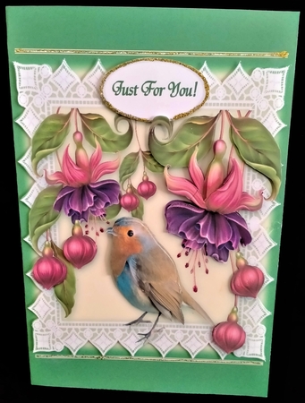 Robin Lace & Fuschia Flowers 6 x 6 Card Kit With Decoupage Insert Envelope Gift Cards & Masses Of Tags by Margarette Blakeborough