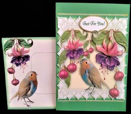 Robin Lace & Fuschia Flowers 6 x 6 Card Kit With Decoupage Insert Envelope Gift Cards & Masses Of Tags by Margarette Blakeborough