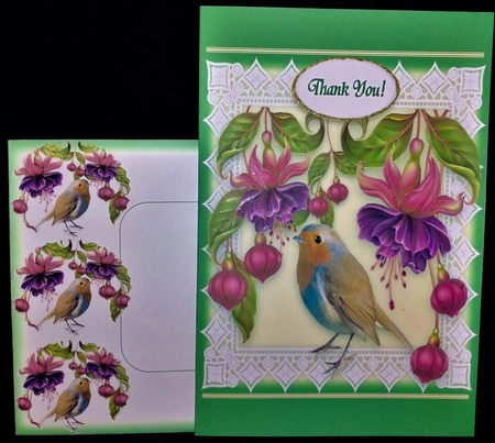 Robin Lace & Fuschia Flowers 6 x 6 Card Kit With Decoupage Insert Envelope Gift Cards & Masses Of Tags by Margarette Blakeborough