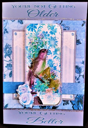 8 x 8 Card Front Blue/Lilac Bird/Floral with Sentiment Toppers by Margarette Blakeborough
