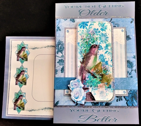 8 x 8 Card Front Blue/Lilac Bird/Floral with Sentiment Toppers by Margarette Blakeborough