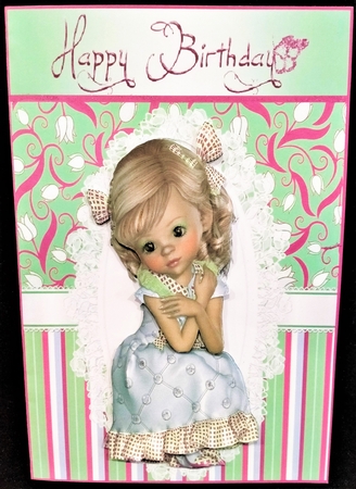 Sweet innocence girl on lace pink floral/stripe 8x8 card front by Margarette Blakeborough