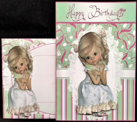 Sweet innocence girl on lace pink floral/stripe 8x8 card front by Margarette Blakeborough