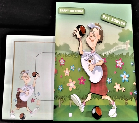 Lawn Bowls Lady (red) 8x8 Quick Card Front by Margarette Blakeborough