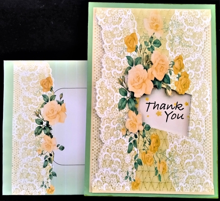 3 Yellow lace rose notelet card front/toppers  by Margarette Blakeborough