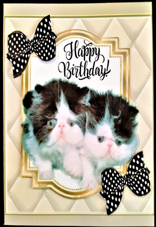 Cute flufy black and white kittens with bows 7x7 topper by Margarette Blakeborough