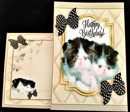 Cute flufy black and white kittens with bows 7x7 topper by Margarette Blakeborough