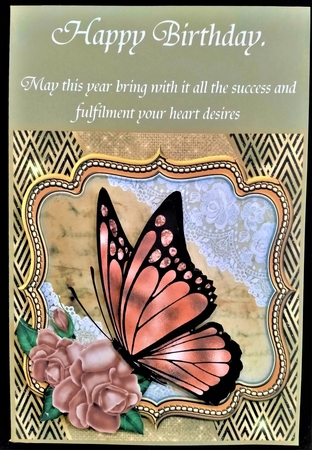 Butterfly with peach rose frame card front by Margarette Blakeborough