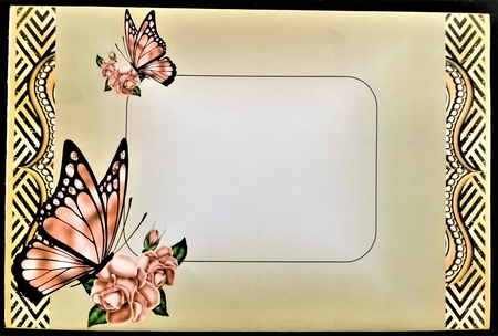 Butterfly with peach rose frame card front by Margarette Blakeborough