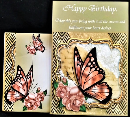 Butterfly with peach rose frame card front by Margarette Blakeborough