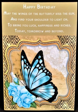 Butterfly with blue rose frame card front by Margarette Blakeborough