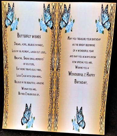 Butterfly with blue rose frame card front by Margarette Blakeborough