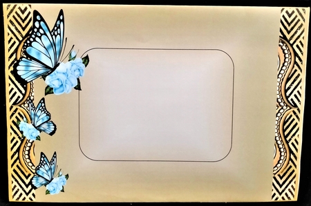 Butterfly with blue rose frame card front by Margarette Blakeborough