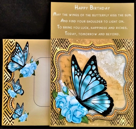 Butterfly with blue rose frame card front by Margarette Blakeborough