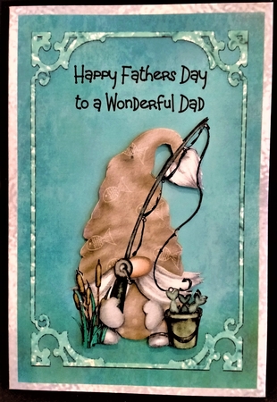 Fathers Day Fishing Gnome - 7x5 inch card front with decoupage by Margarette Blakeborough