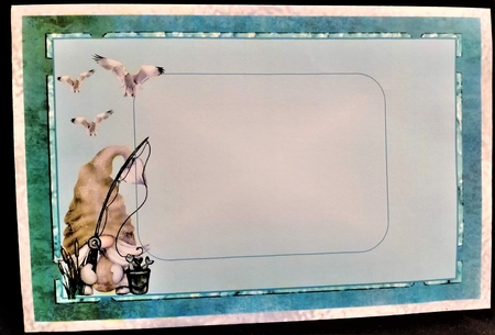 Fathers Day Fishing Gnome - 7x5 inch card front with decoupage by Margarette Blakeborough