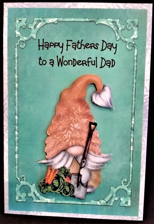 Fathers Day Gardening Gnome - 7x5 inch card front with decoupage by Margarette Blakeborough