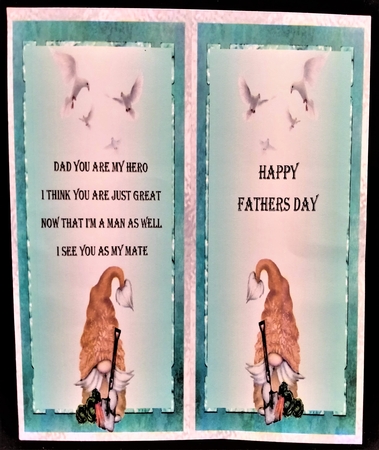 Fathers Day Gardening Gnome - 7x5 inch card front with decoupage by Margarette Blakeborough
