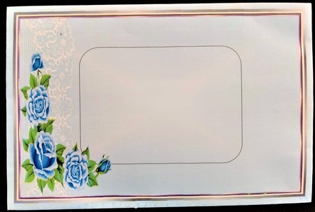 cute white kitten with blue roses and lace 8x8 window card by Margarette Blakeborough