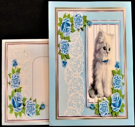 cute white kitten with blue roses and lace 8x8 window card by Margarette Blakeborough