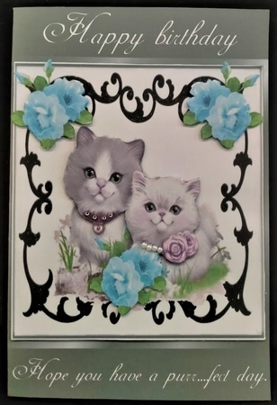 black ornate frame  with kittens and blue roses 8x8 by Margarette Blakeborough