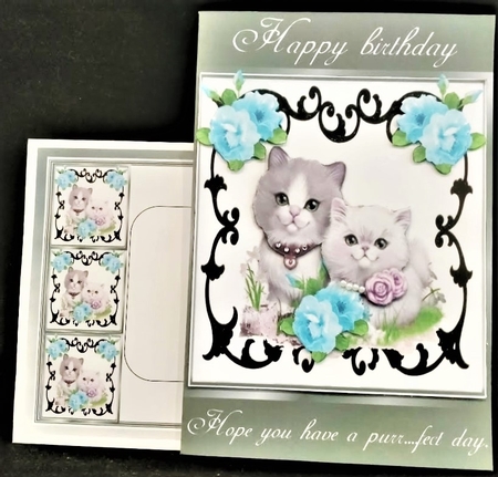 black ornate frame  with kittens and blue roses 8x8 by Margarette Blakeborough