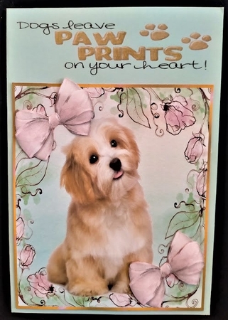Pink floral card front/topper with cute puppy & bows 7x7 by Margarette Blakeborough