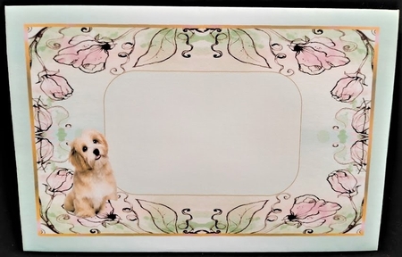 Pink floral card front/topper with cute puppy & bows 7x7 by Margarette Blakeborough
