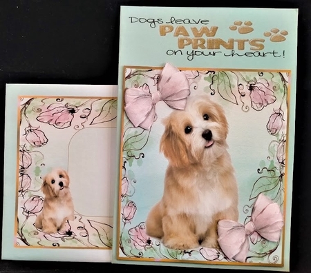 Pink floral card front/topper with cute puppy & bows 7x7 by Margarette Blakeborough