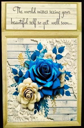 4 Lovely Wood & Lace 8x8 FrameS With Blue & White 3D Roses Mini Kit by Margarette Blakeborough