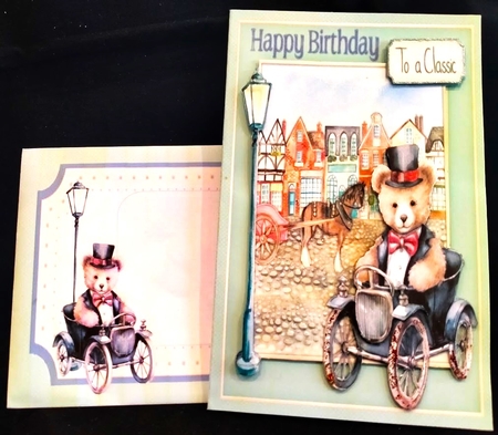 300dpi 6x6in topper & decoupage - Top hat bear in a vintage car - Classic, Happy Birthday - Uncle/Grandad/Dad by Margarette Blakeborough