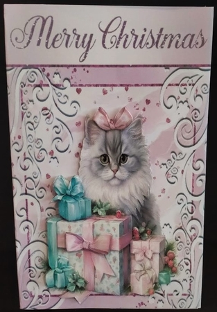Pretty  Pink Christmas With Kitten 8x8 (One) Card/Fronts by Margarette Blakeborough