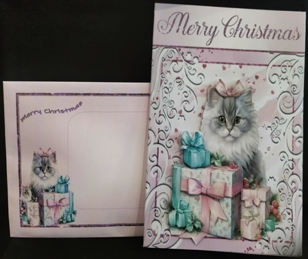 Pretty  Pink Christmas With Kitten 8x8 (One) Card/Fronts by Margarette Blakeborough
