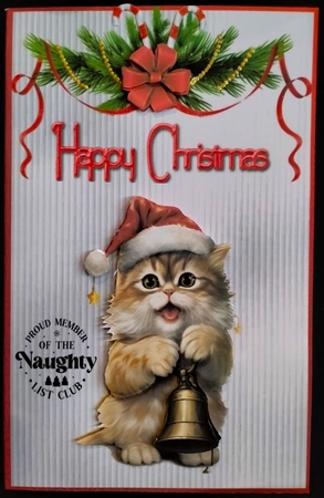 Naughty List Club 2 - 7x5 inch card front with decoupage by Margarette Blakeborough