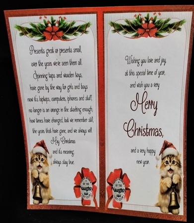 Naughty List Club 2 - 7x5 inch card front with decoupage by Margarette Blakeborough