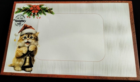 Naughty List Club 2 - 7x5 inch card front with decoupage by Margarette Blakeborough