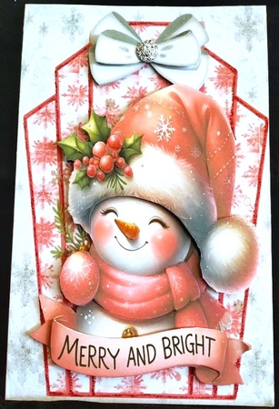 Cute Snowman Pink Snowflake Art Deco Topper With Bow A5 (ONE) by Margarette Blakeborough
