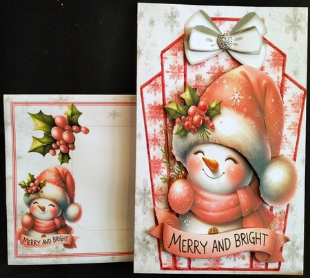 Cute Snowman Pink Snowflake Art Deco Topper With Bow A5 (ONE) by Margarette Blakeborough