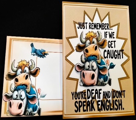 Funky Brown 8X8 Card Front/Topper Cows With Humour by Margarette Blakeborough