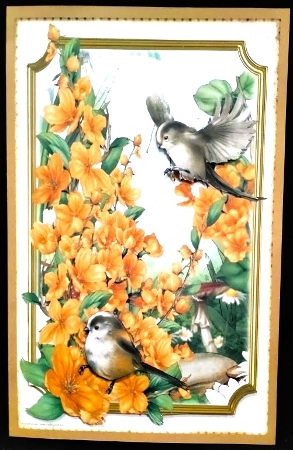 Long Tailed Bird with Blossom Gold A4 by Margarette Blakeborough