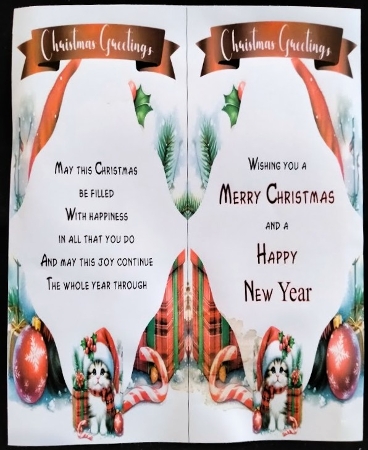 NEW STORY CARD. Fluffy kitten wears Santa hat beside festive Christmas presents decorations by Margarette Blakeborough