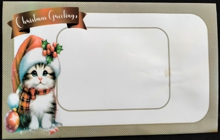 NEW STORY CARD. Fluffy kitten wears Santa hat beside festive Christmas presents decorations by Margarette Blakeborough