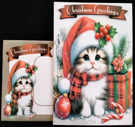 NEW STORY CARD. Fluffy kitten wears Santa hat beside festive Christmas presents decorations by Margarette Blakeborough