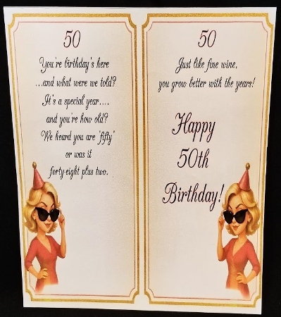 DD FUNNY FEMALE BIRTHDAY 50TH A4 1 by Margarette Blakeborough
