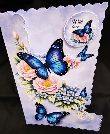 Blue Butterfly & Pink Peonies Card Front – Floral Bouquet, Soft Pastel Background  by Margarette Blakeborough