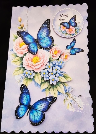 Blue Butterfly & Pink Peonies Card Front – Floral Bouquet, Soft Pastel Background  by Margarette Blakeborough